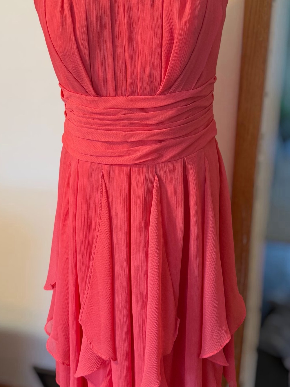 David's Bridal Strapless Coral Pink Chiffon Dress